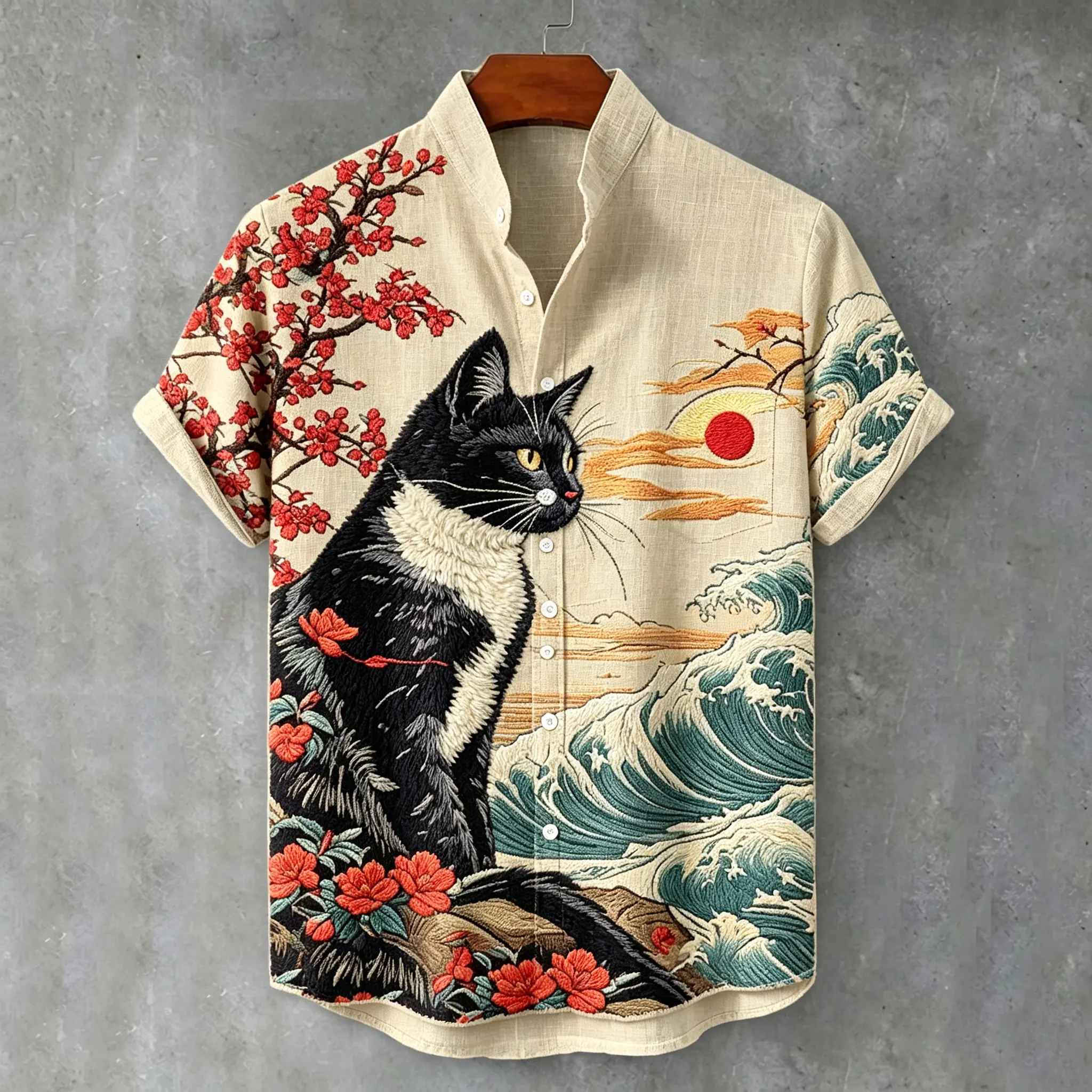 Men's Japanese Art Wave Floral Black Cat Print Cotton Linen Short-sleeve Shirt  artssus