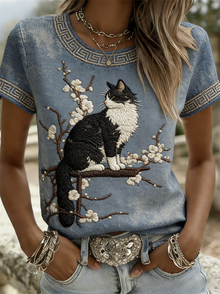 Fuzzy Cat & Almond Blossom Japanese Art T Shirt elevenforest