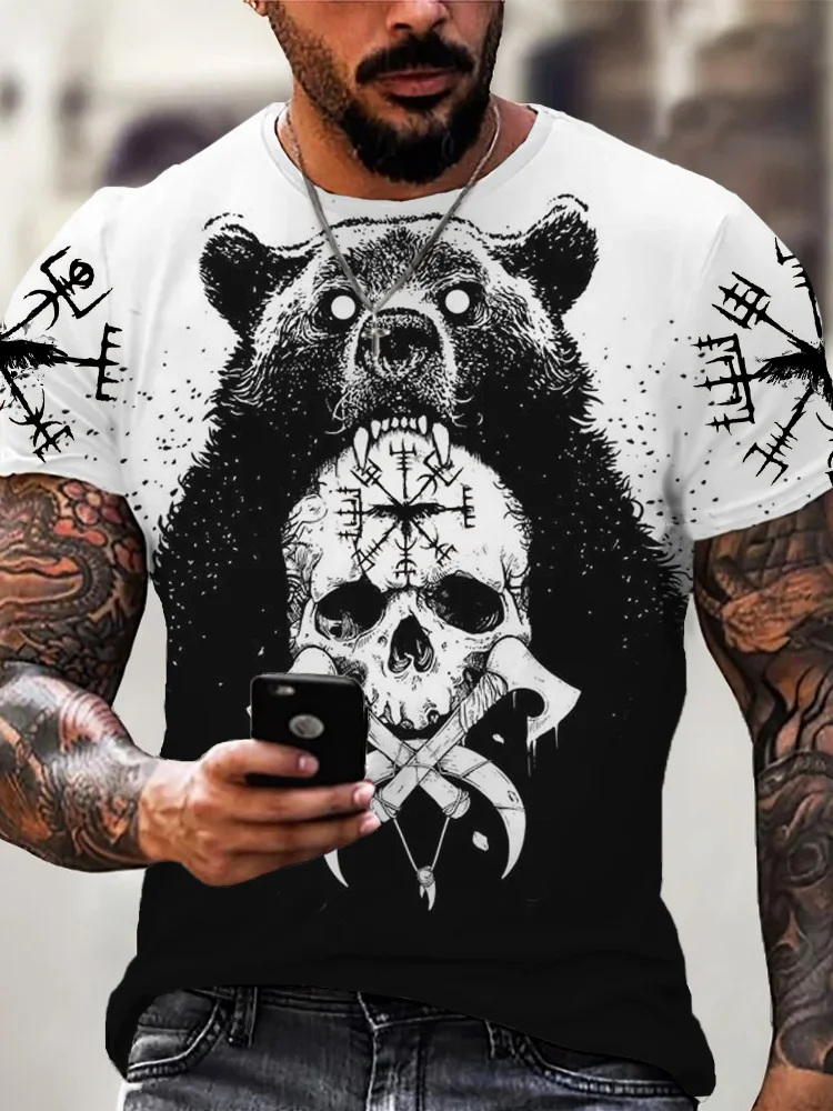 BrosWear Men's Viking Vegvisir & Skull Contrast Short  Sleeve T Shirt