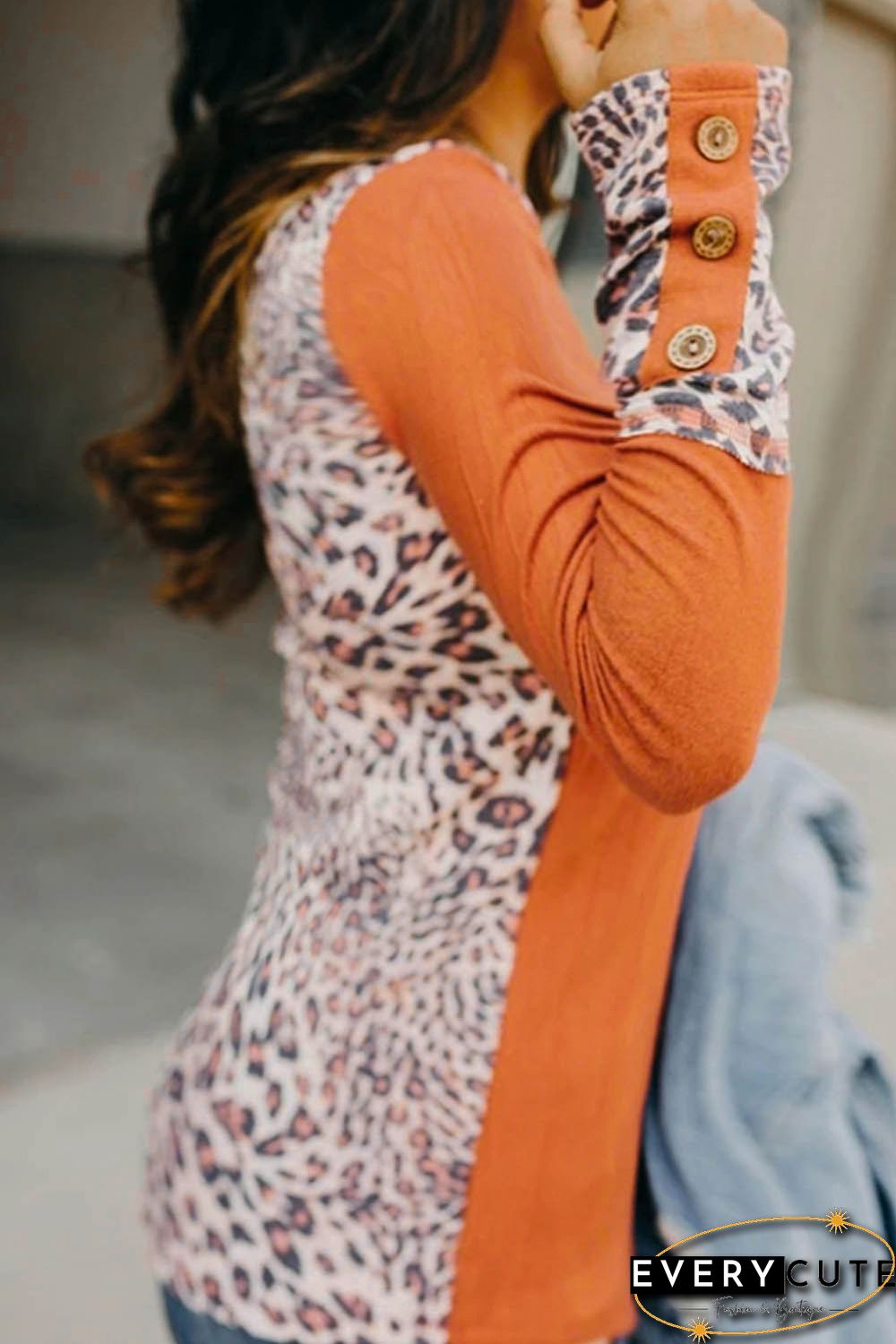 Orange Leopard Splicing Long Sleeve Top with Button Details
