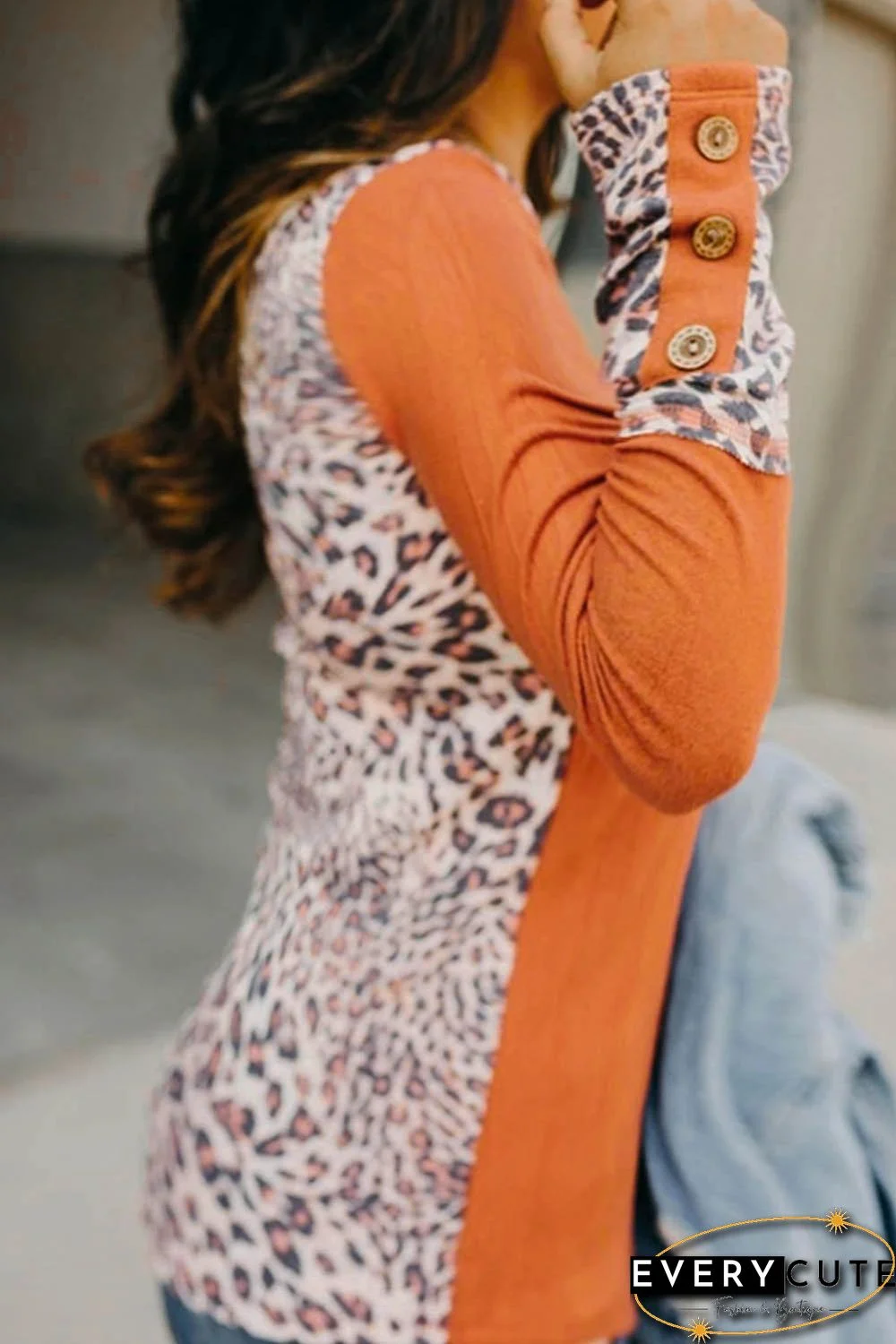 Orange Leopard Splicing Long Sleeve Top with Button Details