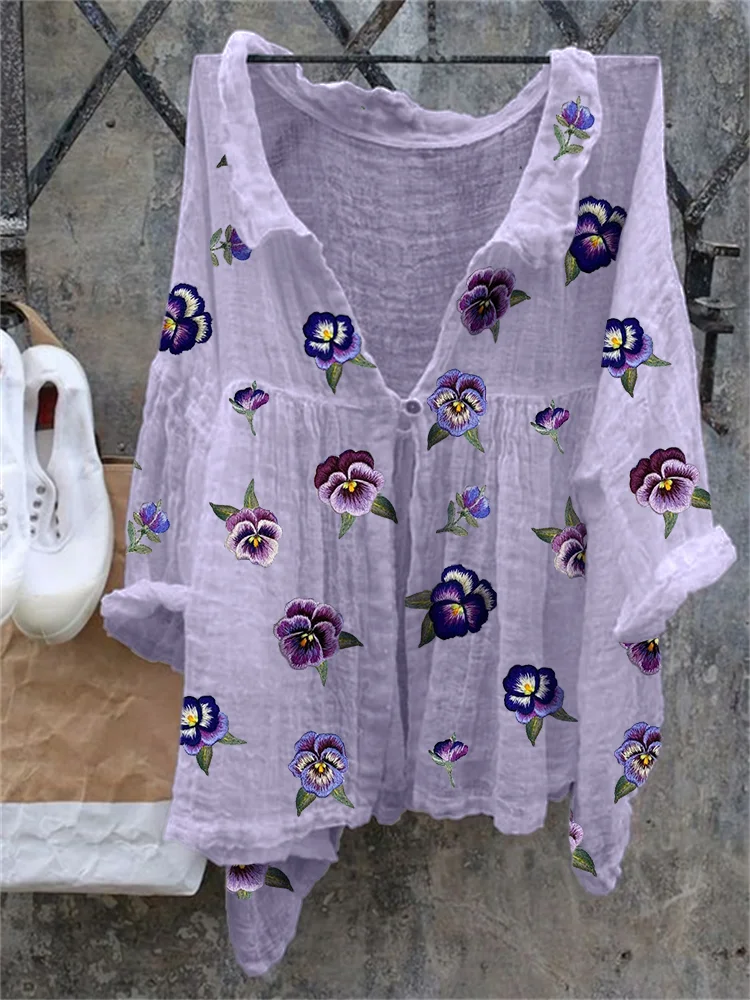 VChics Pansy Floral Embroidery Pattern Flowy Tunic