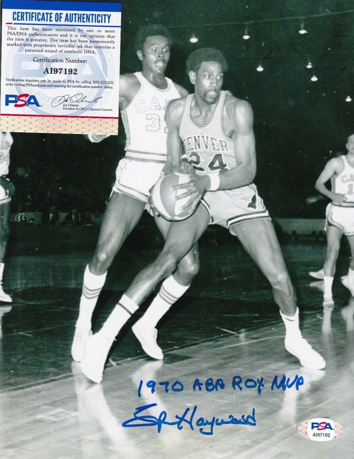 SPENCER HAYWOOD DENVER ROCKETS ABA 1970 ABA ROY, MVP ACTION SIGNED 8x10