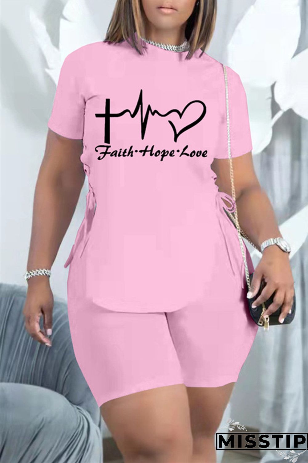 Black Fashion Casual Print Bandage Slit O Neck Short Sleeve Two Pieces