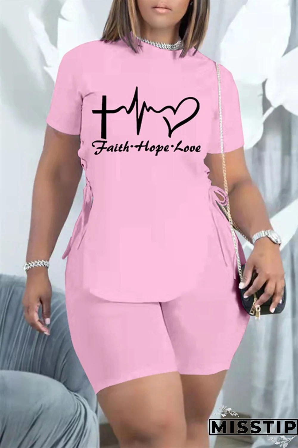 Black Fashion Casual Print Bandage Slit O Neck Short Sleeve Two Pieces