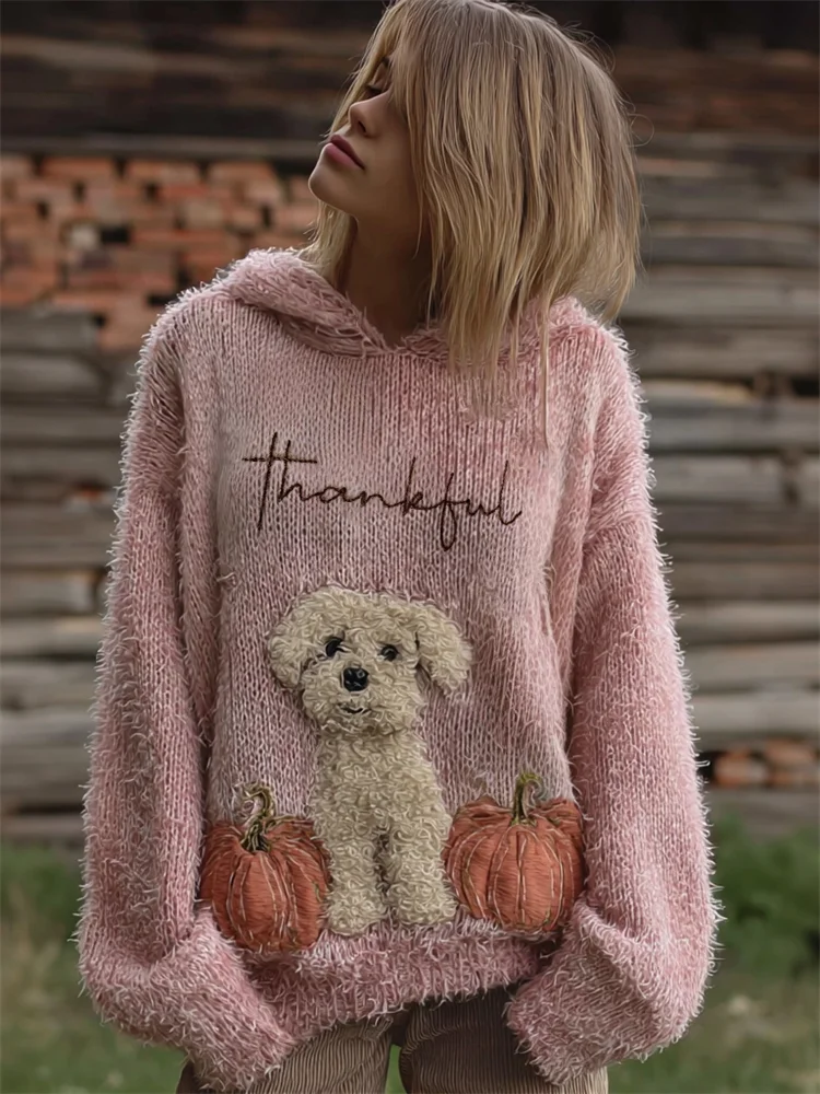 Thankful Fuzzy Dog & Pumpkins Cozy Hooded Sweater