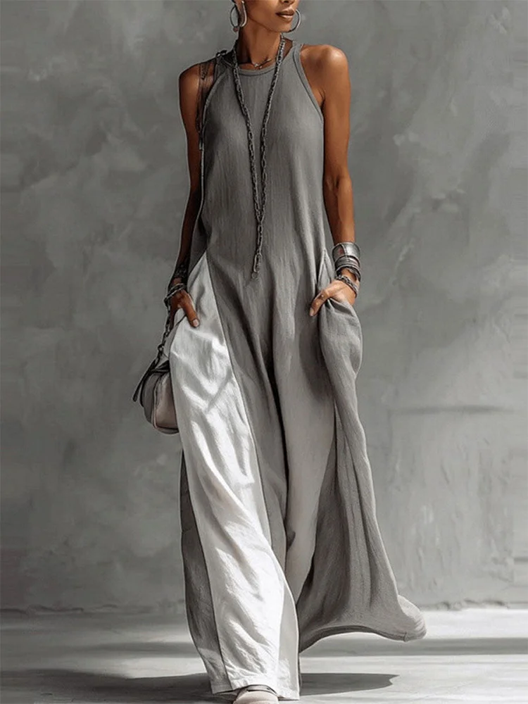 Women's Sleeveless Round Neck Loose Pocket Color-blocked Casual Off-shoulder Dress