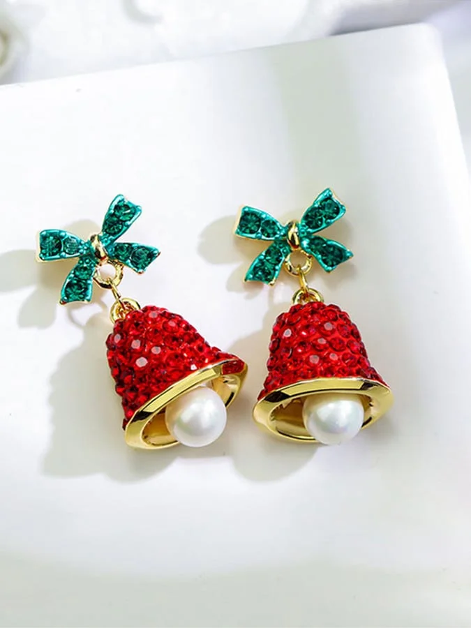 Women's Christmas New Year Gift Bow Wind Chime S925 Silver Pin Earrings