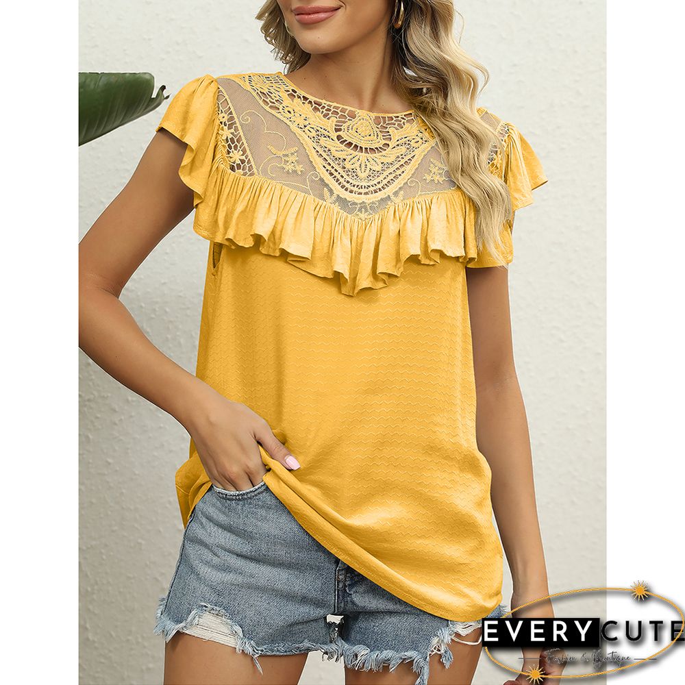 Yellow Lace Sweet Ruffle Short Sleeve Tops