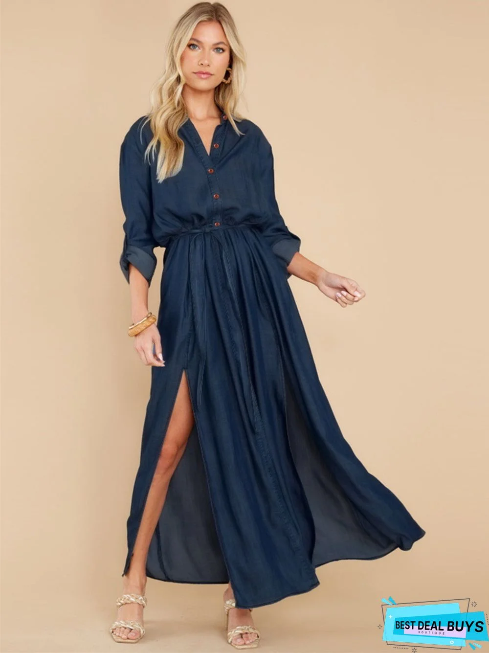 Medium Length Sexy Long Sleeved Slit Tencel Shirt Denim Dress