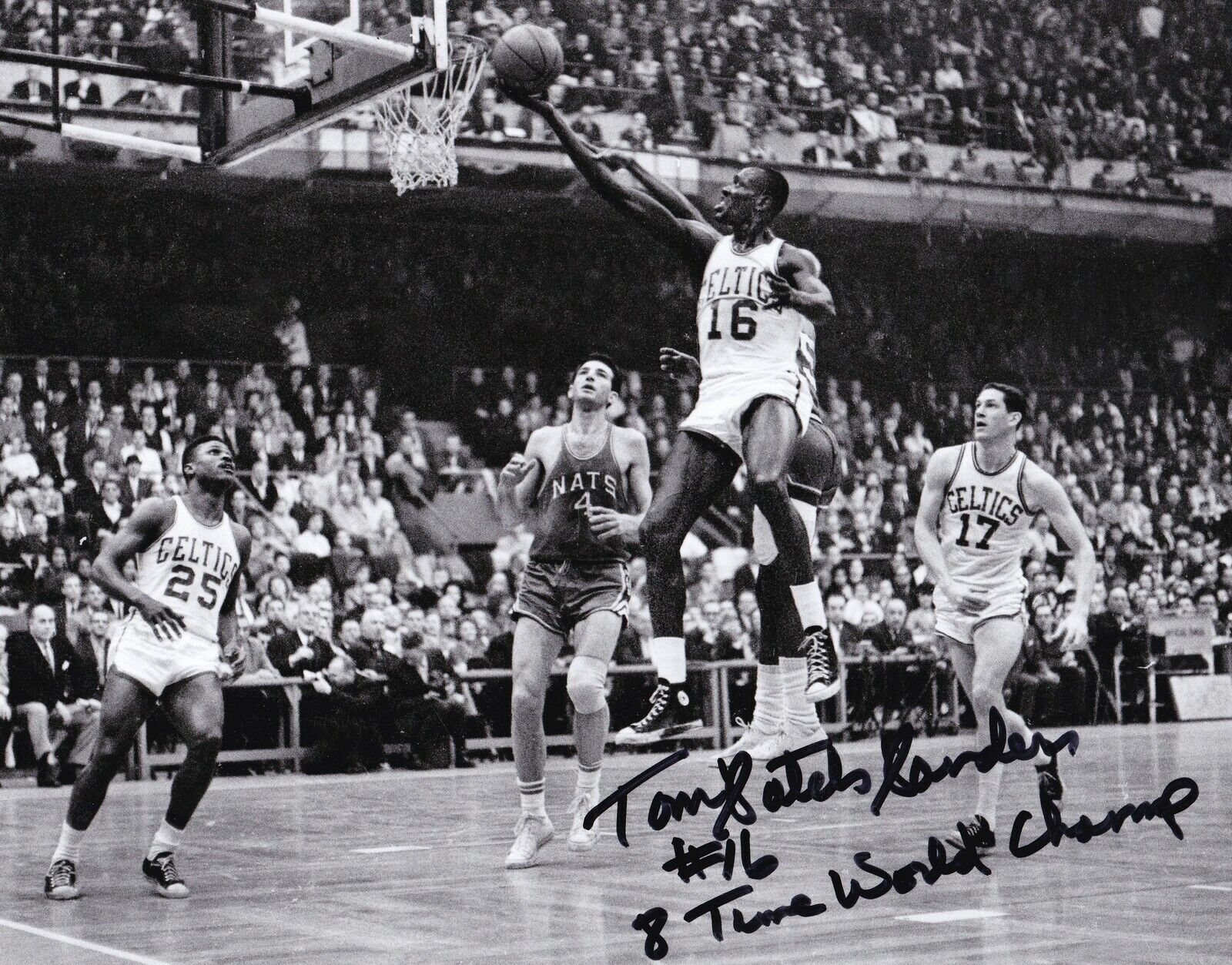 SATCH SANDERS BOSTON CELTICS 8 TIME WORLD CHAMP ACTION SIGNED 8x10