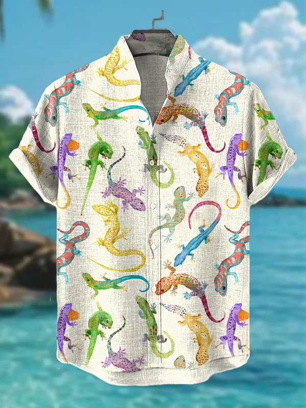 Men's Multicolor Gecko Lizard Art Print Short Sleeve Shirt