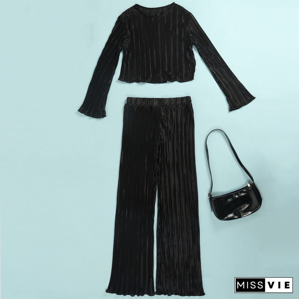 Pleated Loose Blouse Crop Top Wide Leg Pants Outfits