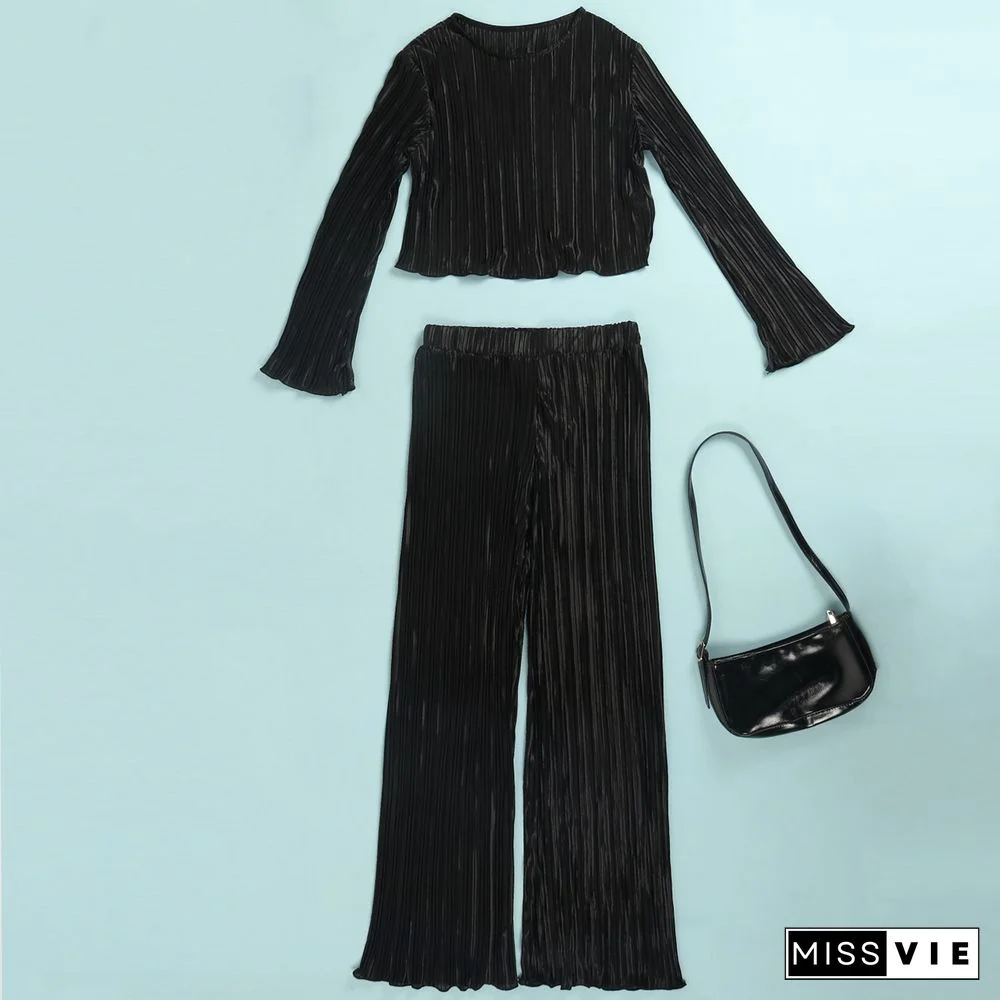 Pleated Loose Blouse Crop Top Wide Leg Pants Outfits