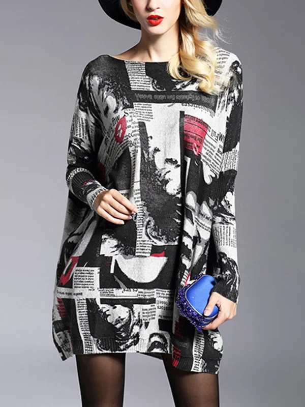 Printed Letter Print Loose Long Sleeves Round-Neck Sweater Tops Pullovers Knitwear