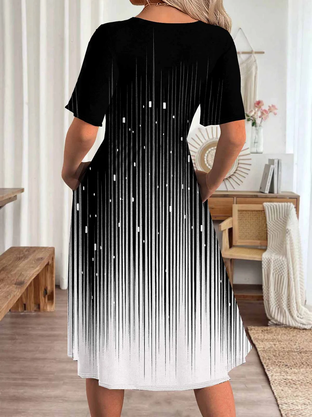 Women Striped,Black DZHA8326 Short Sleeve Scoop Neck Graphic Printed Hollow Midi Dress