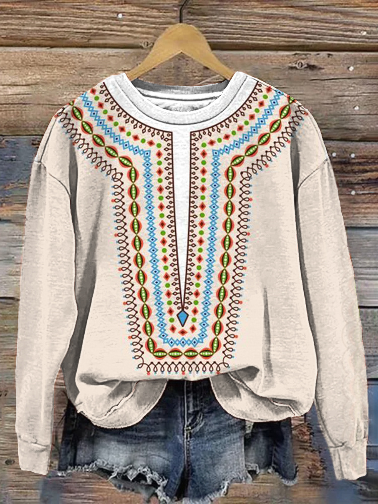  Ethnic Pattern Print Casual Cozy Sweatshirt Westsshops