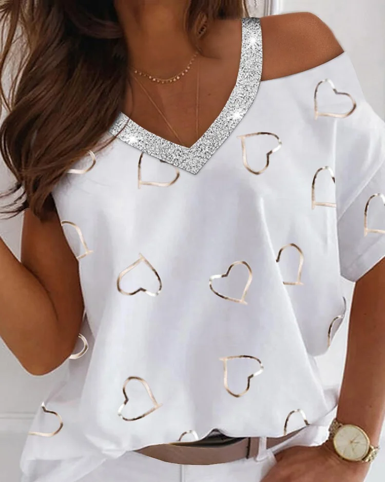 Heart Print Cold Shoulder Top