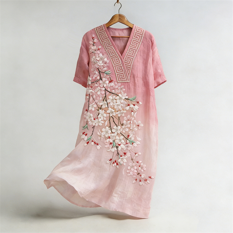 Japanese Cherry Blossom Gradient Flowy Linen Maxi Dress wearshes