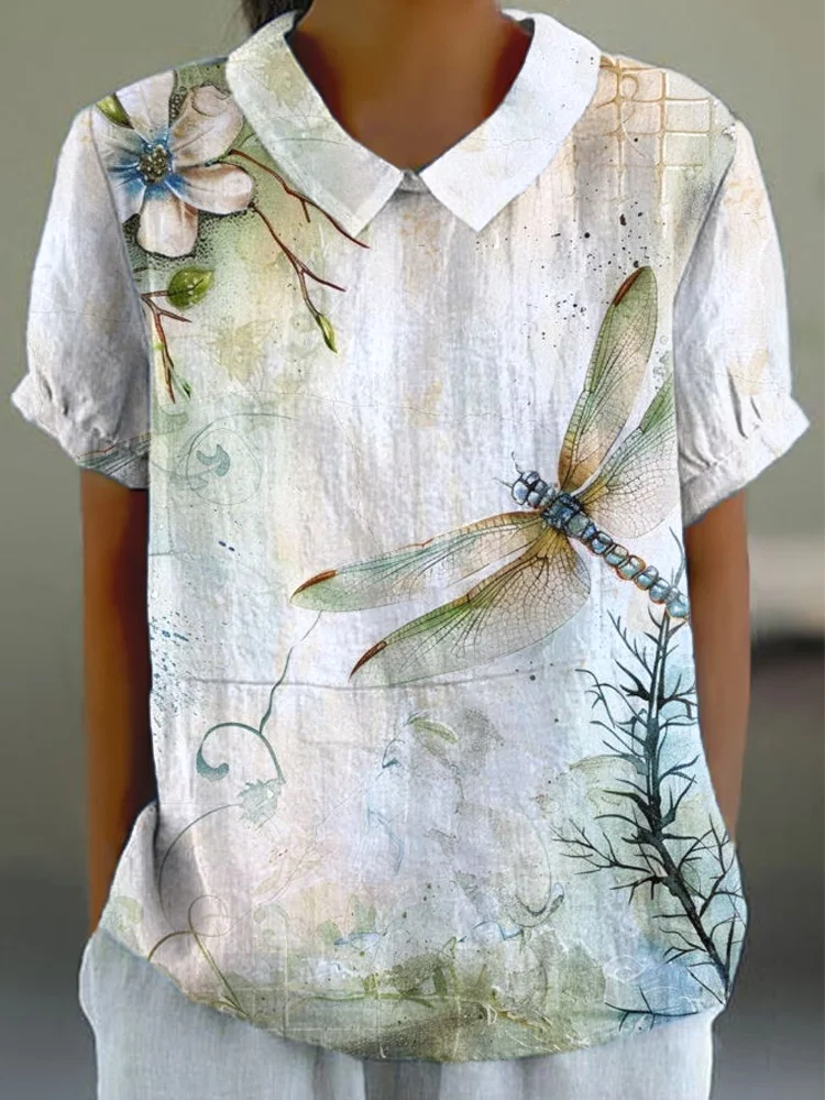 Comstylish Dragonfly Floral Print Linen Blend Shirt