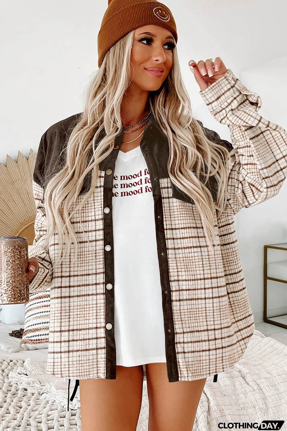 Brown Plaid Patchwork Button-up Shift Shirt Jacket
