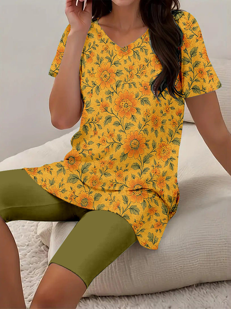 Women Long Sleeve V-neck Graphic Floral Printed Top