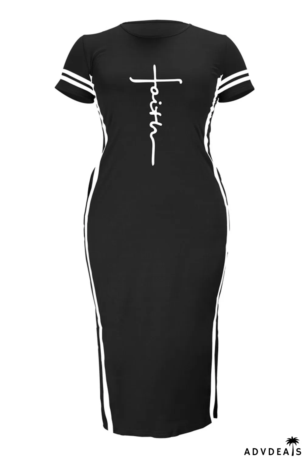 Tibetan Blue Fashion Casual Plus Size Print Slit O Neck Short Sleeve Dress