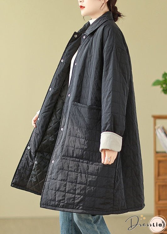 Women Black Pockets Button Patchwork Fine Cotton Filled Coat Winter