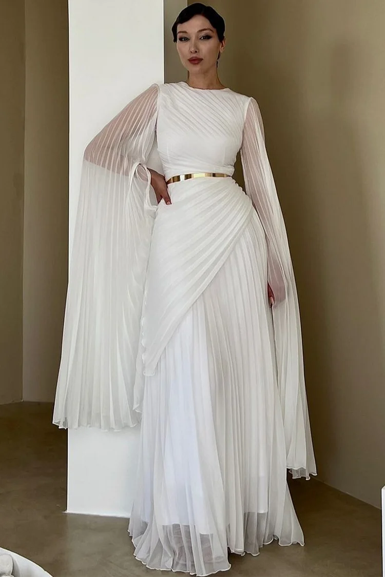 Wedding Guest White Round Neck Cape Sleeve Pleated Maxi Dress