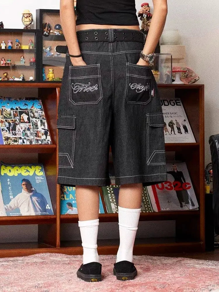 OLCooL Black Harajuku Denim Shorts Y2k Women Straight Leg Cargo Pants Hip Hop Summer Embroidery Baggy Over Knee Jeans Short olcool