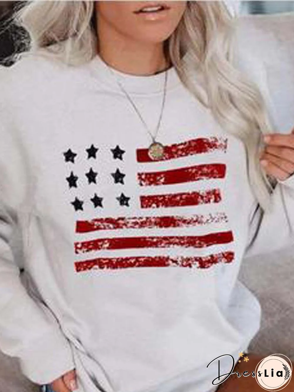 Long Sleeve Printed Polyester Crew Neck Top