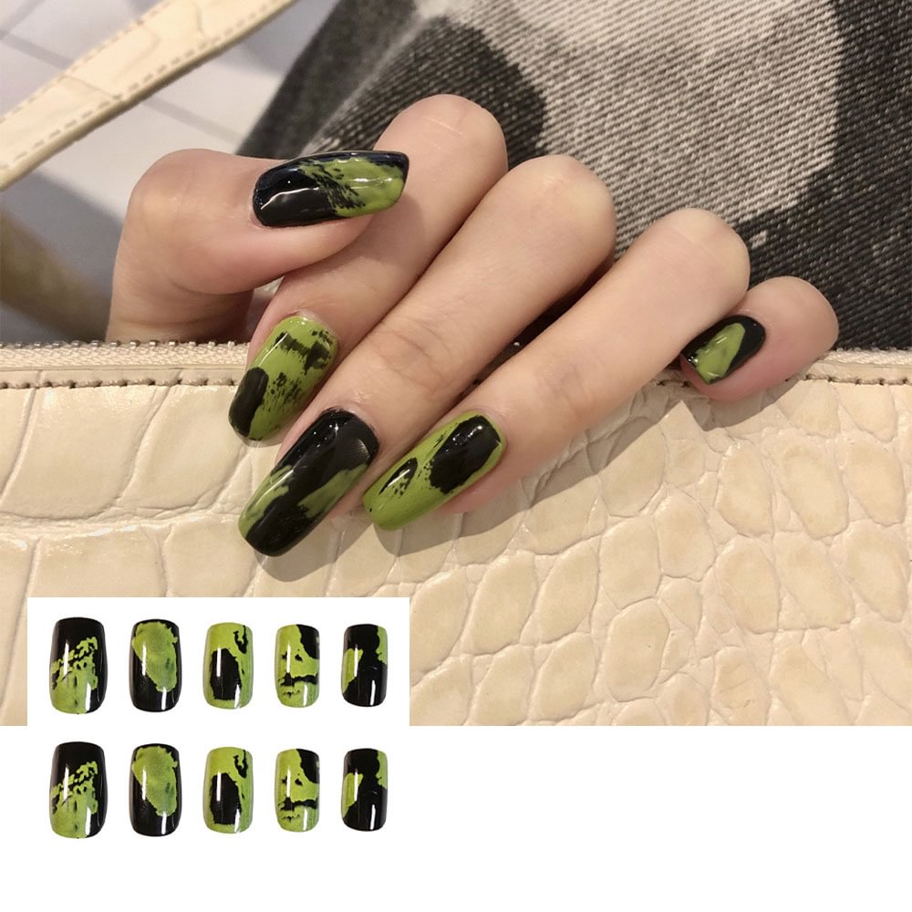 Shecustoms™ 24 Pcs Black & Green Cool Girls Must Own Press On Nails Squoval Long Fake Nails