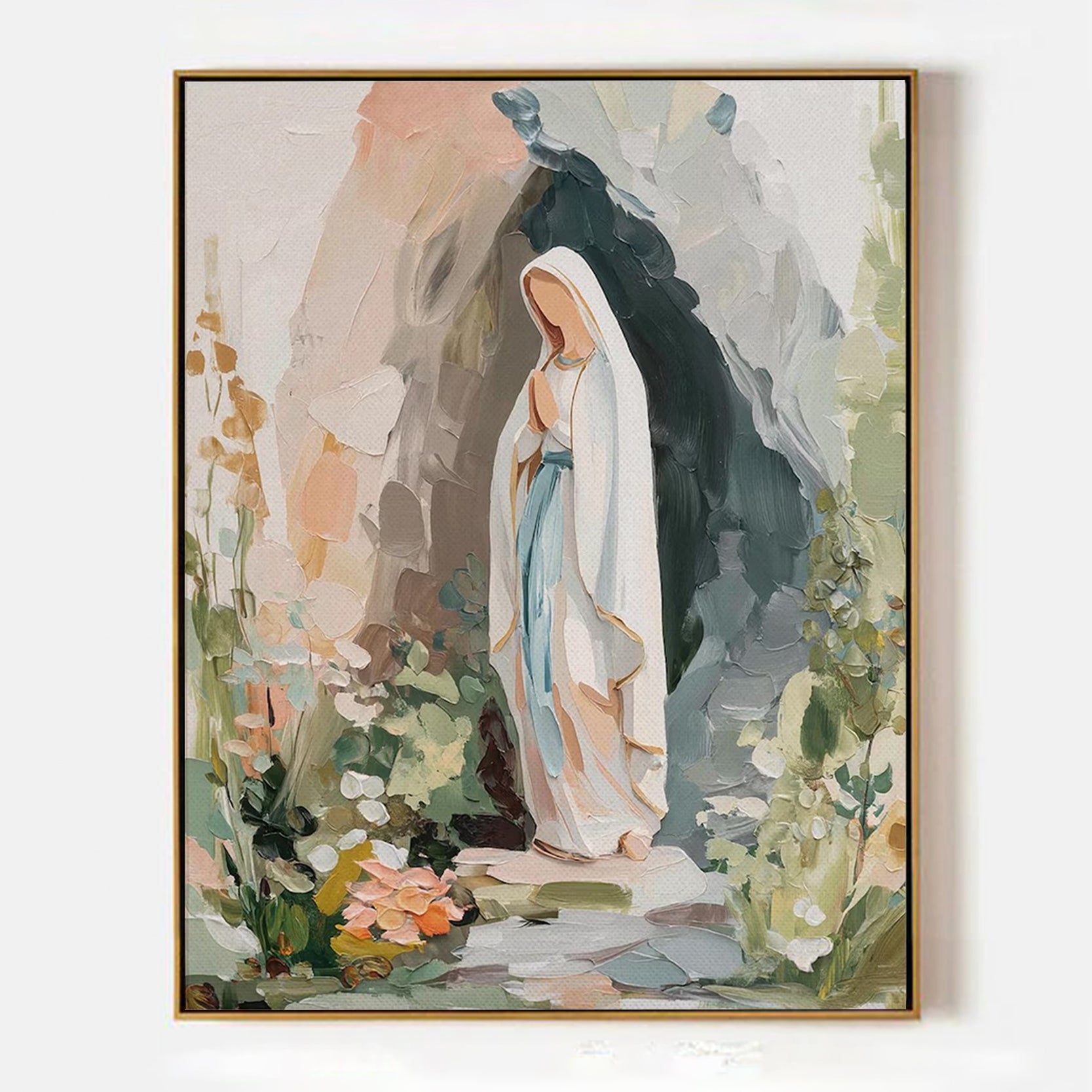 Arabelart Oil Painting Our Lady of Lourdes Artwork Virgin Mary Catholic Modern Artwork Gift for Her Blessed Mother Neutral Christian Home Decor AR1506