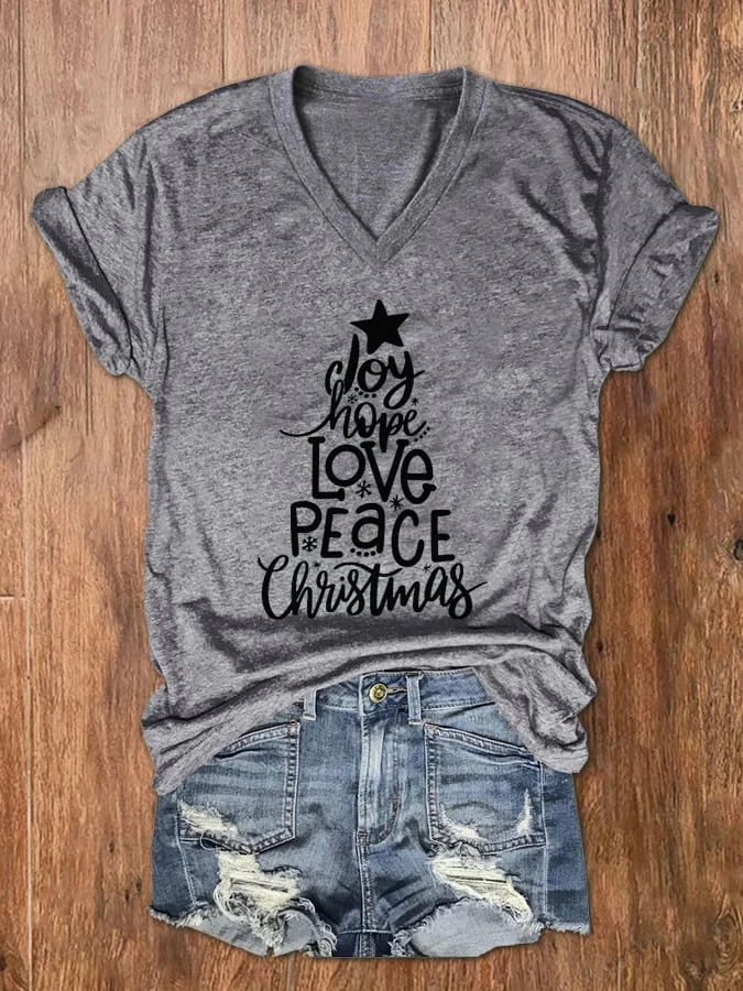 Women's Christmas Tree Print V-Neck T-Shirt-mysite