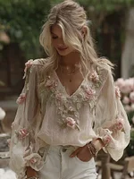 Women's Pink Rose Embroidered Linen Blend V-neck T-shirt