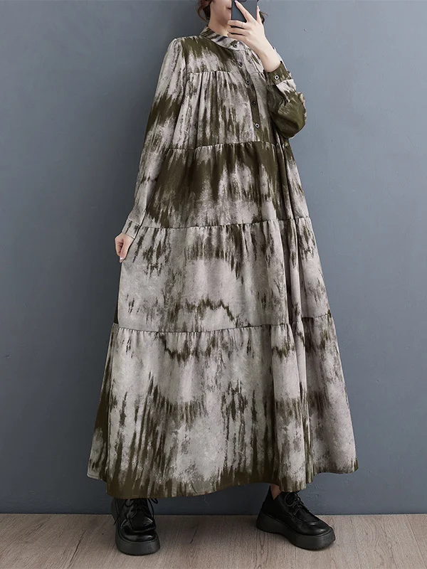 Long Sleeves Loose Pleated Split-Joint Tie-Dyed Stand Collar Midi Dresses
