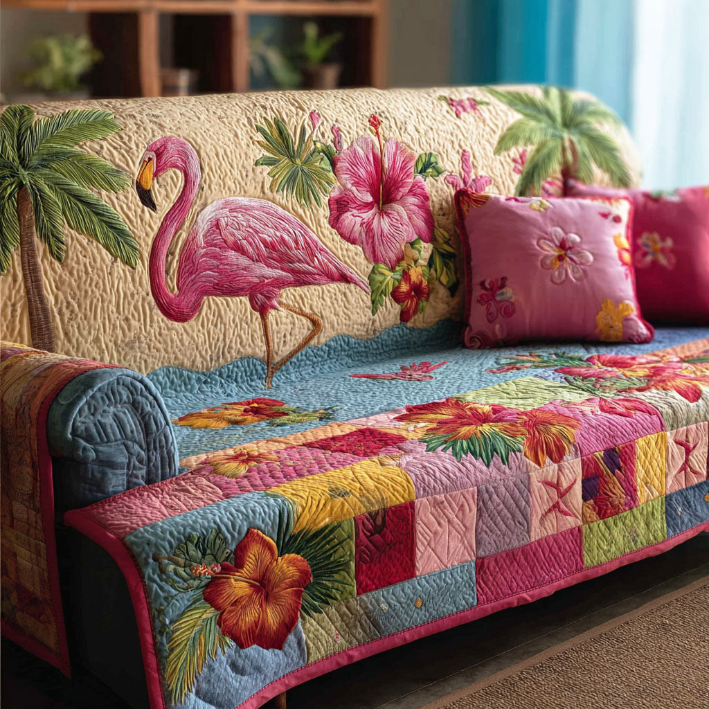 Coastal Flamingo Quilted Sofa Cover NCU0TD2202 everthome
