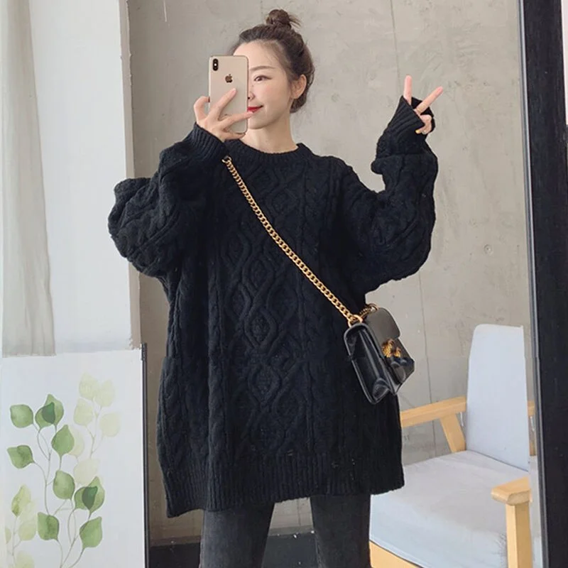 Hirsionsan Loose Sweater Women 2020 Autumn Winter New Elegant Korean Oversized Solid Pullovers Twist Weaving Knitted Female Tops