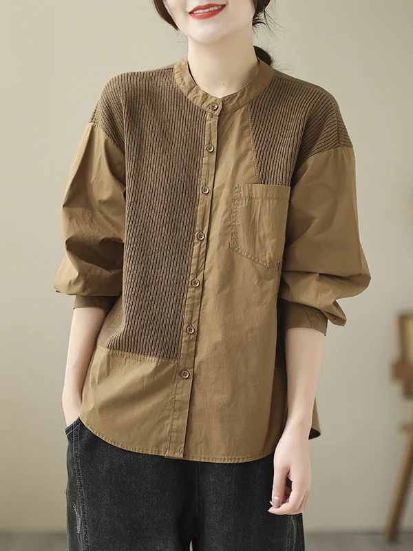 Split-Joint Pockets Buttoned Asymmetric Loose Long Sleeves Round-Neck Blouses&Shirts Tops
