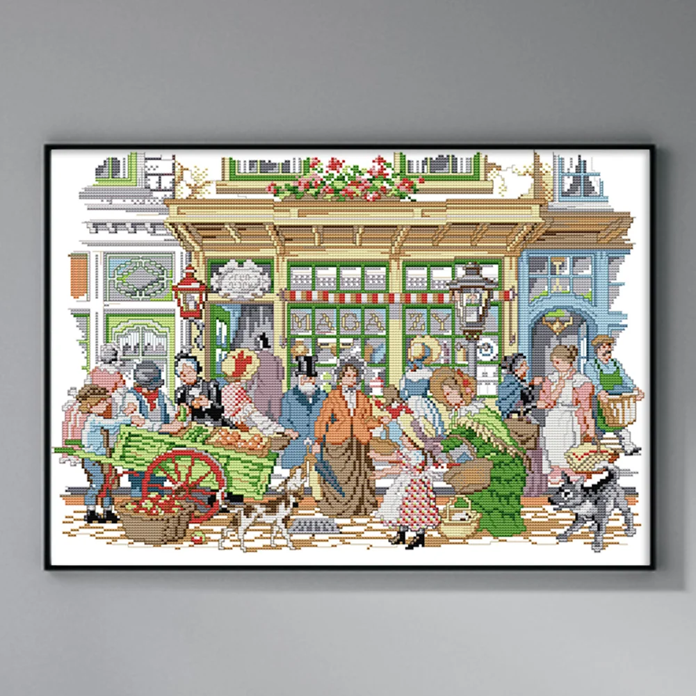 DIY Stamped Cross Stitch 14CT Partial Embroidery 48*36cm - Bustling Street Market