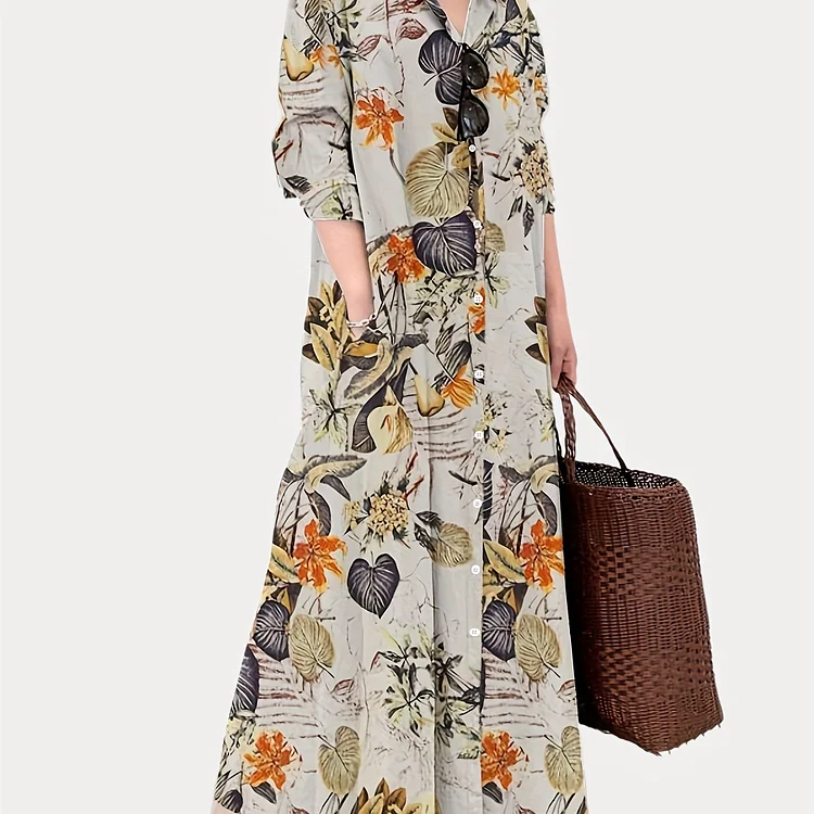 Plant Print Button Front Dress, Vintage Collared Maxi Dress, Women's Clothing