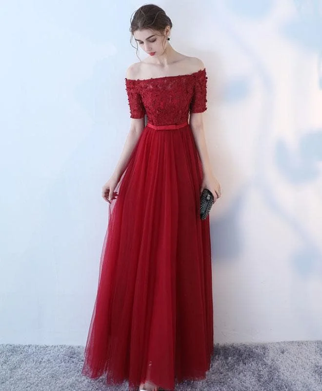 Burgundy Tulle Off Shoulder Long Prom Dress, Burgundy Eveninng Dress