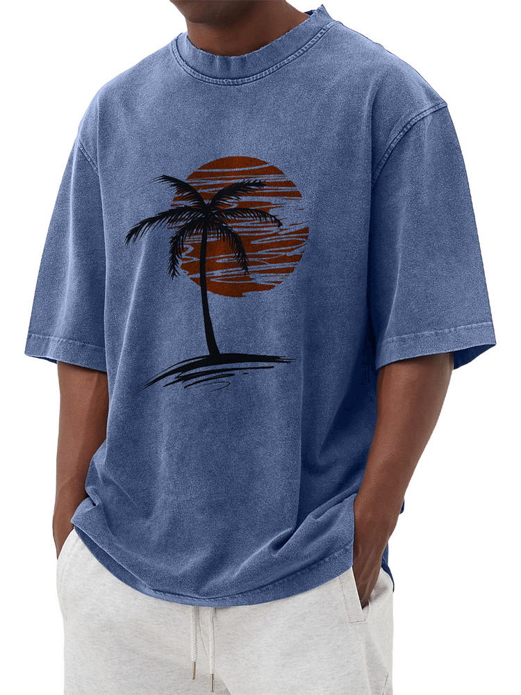 Men's Washed Distressed Cotton Palm Tree Print Casual Hawaiian Short-sleeved T-shirt