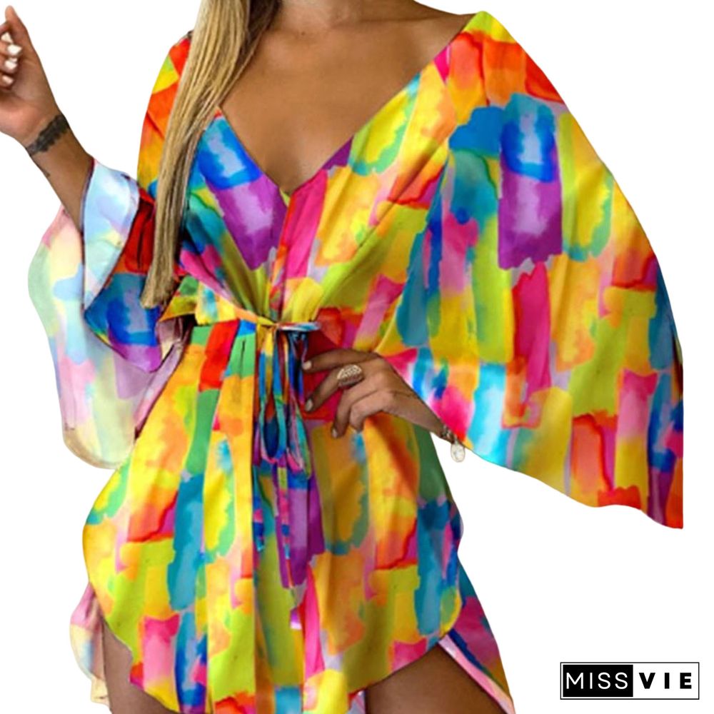 V-Neck Leaf Print Party Women Elegant Lace-Up Waist Casual Irregular Beach dress sexy