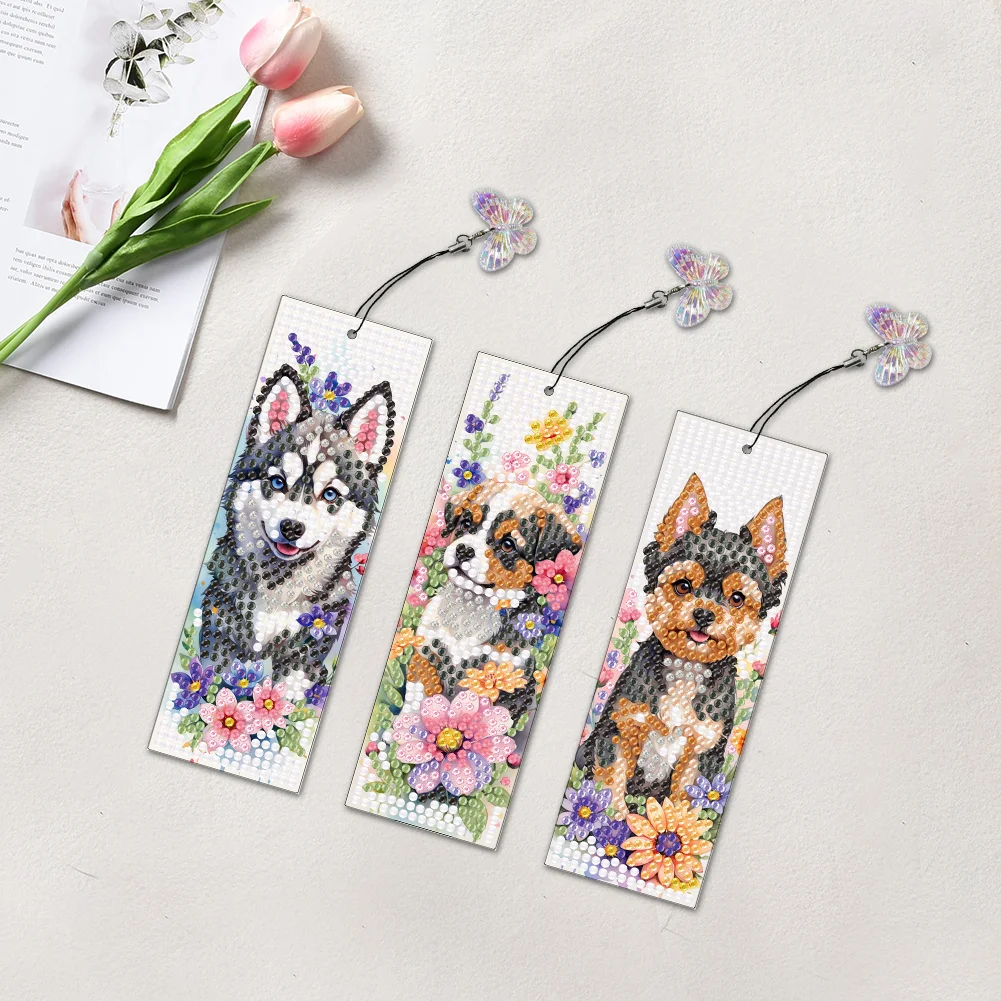 3Pcs DIY Dog Flower Special Shape DIY Diamond Painting Bookmarks Kits