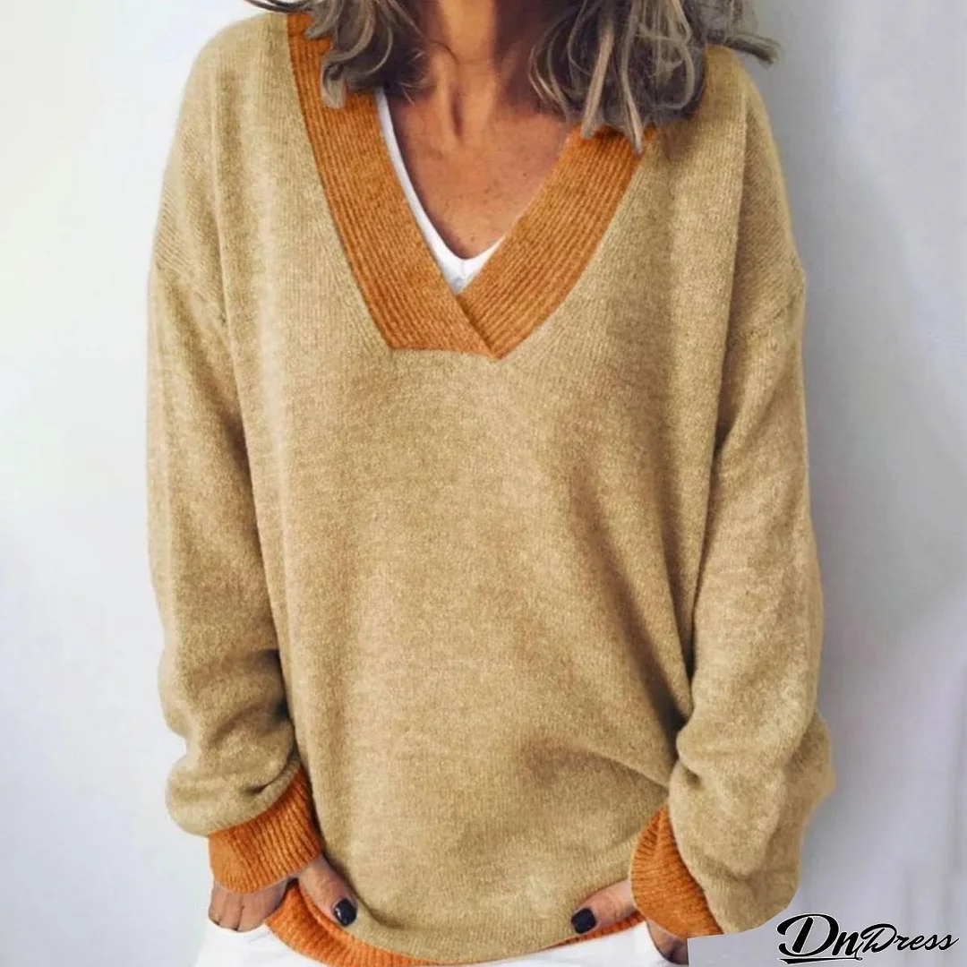Comfy Khaki Print Long Sleeve V-Neck Sweater