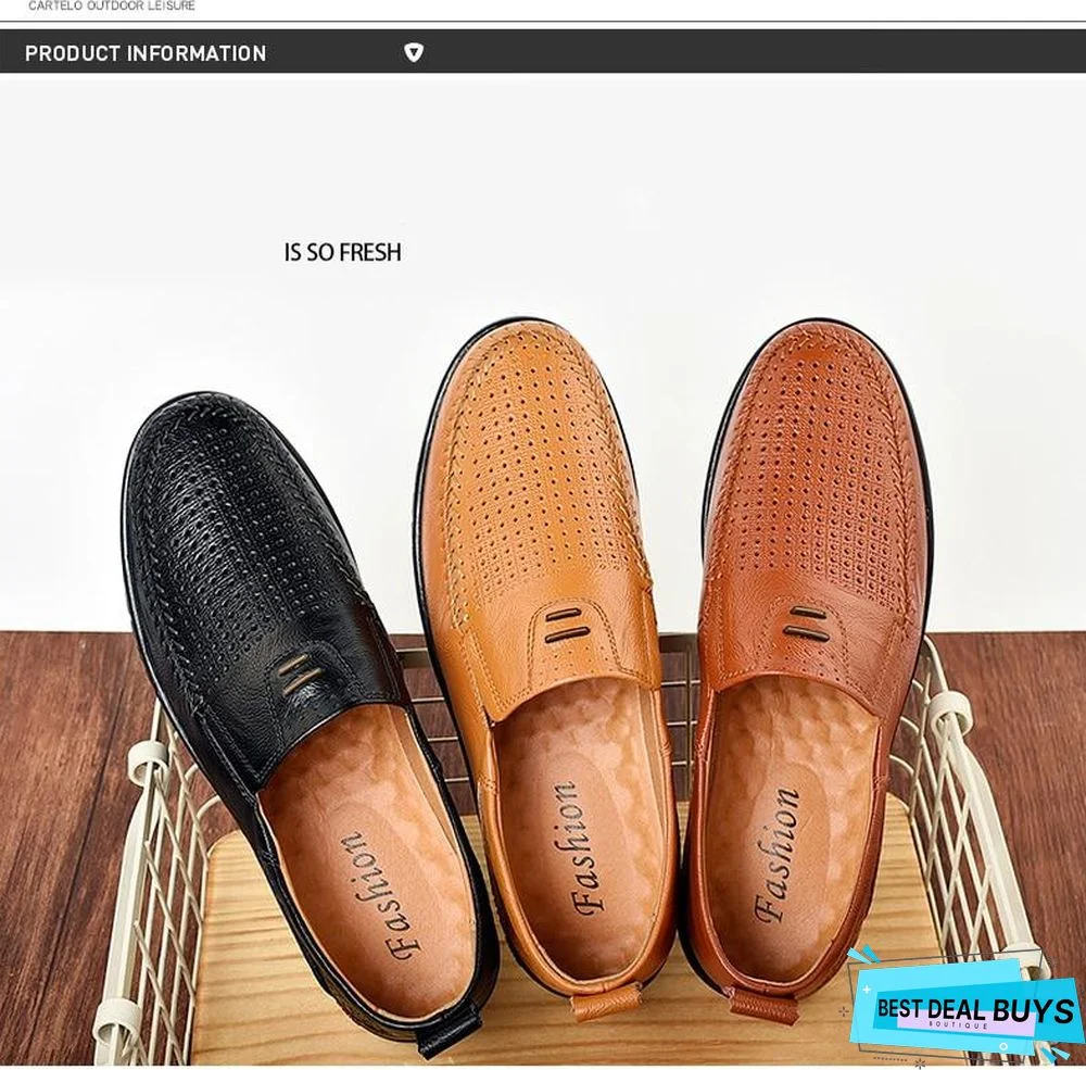 New Openwork Men Black Loafer Perforated Shoes Leather Flats Driving Shoes Business Men's Shoes
