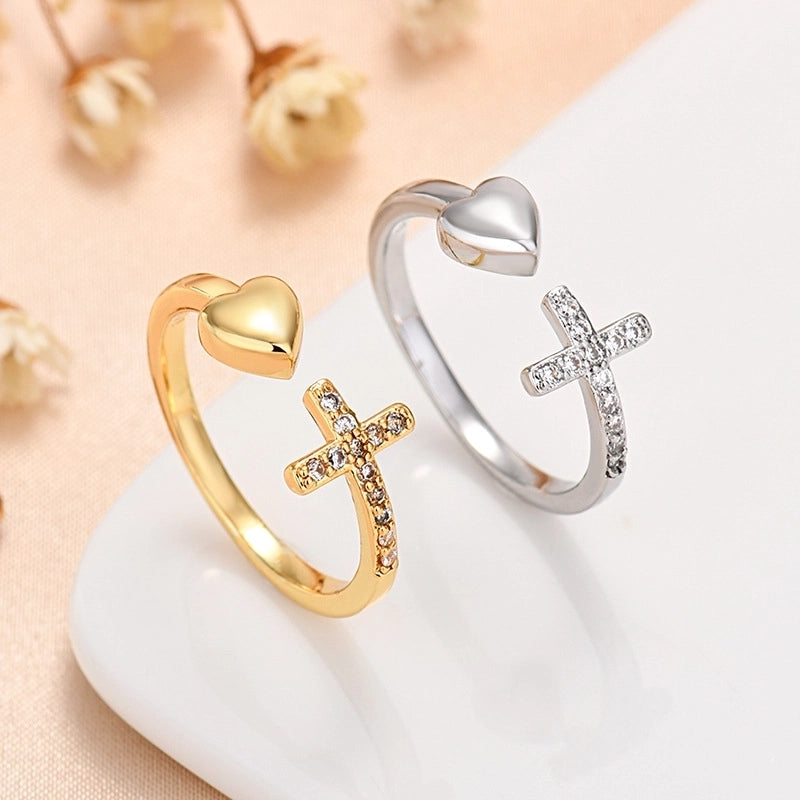 IG Style Cross Heart Shape Copper Zircon Inlay Open Rings