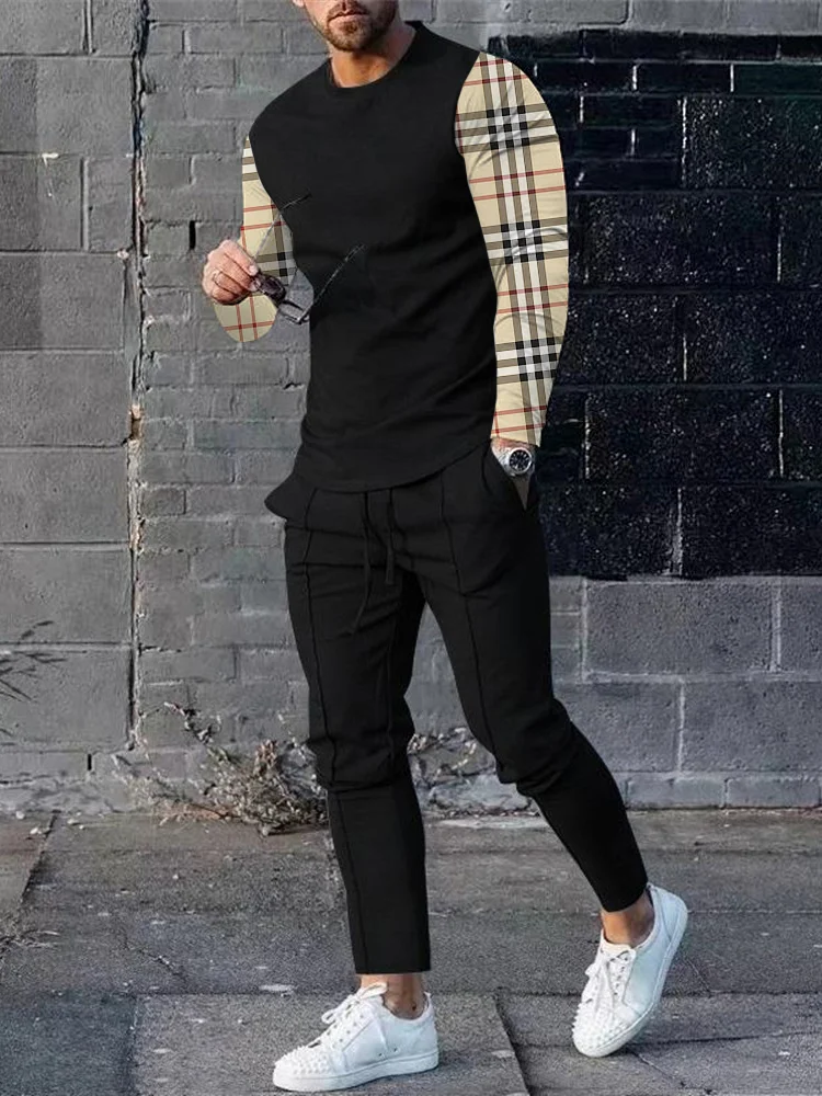 Men's fashion casual plaid print long sleeve two-piece set
