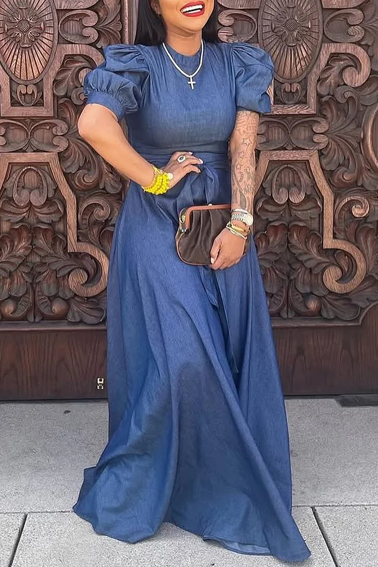 Plus Size Vacation Blue Casual Round Neck Short Sleeve Wrap Tencel Denim Maxi Dresses [Pre-Order] 2024 - Xpluswear